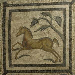 0570. Mosaico polícromo con representación de un caballo, villa Fortunatus, Fraga (Huesca), hacia 360 d.C.
