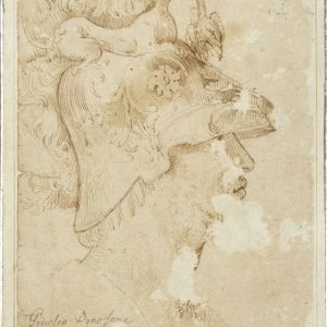 Cabeza de soldado romano. Dibujo pluma sepia sobre papel. Giulio Bonasone. Hacia 1500-1520. Inv. 10973.