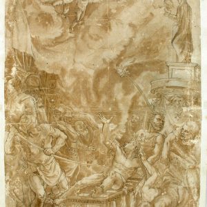 1120. Martirio de San Lorenzo, dibujo, pluma y aguada sobre papel, Anónimo italiano, ultimo cuarto siglo XVI
