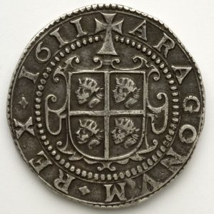 1150. Real de a ocho de Felipe II de Aragón y III de España, plata, reverso. Zaragoza, 1611. Inv. 54256
