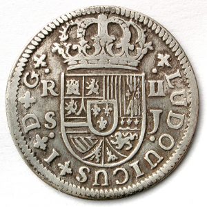 1240. Moneda Real de a dos, de plata, de Luis I (1724). Serie castellana, de la ceca de Sevilla. Anverso
