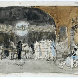 Boceto del cuadro la vicaría. Acuarela sobre papel. Mariano Fortuny. Hacia 1870. Inv. 15242.