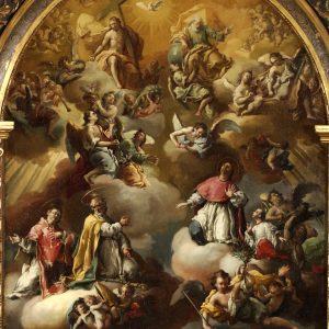 San Valero, San Vicente Mártir, San Pedro Arbués y Santo Dominguito de Val en la Gloria. Óleo sobre lienzo. José Luzán Martínez. 1757. Inv. 54386. Depósito Felix Palacios.