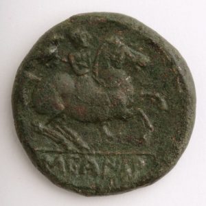 As de Sekaisa (Mara, Zaragoza), reverso. Bronce. Cultura celtibérica. 170-153 a.C. Inv. 53024.