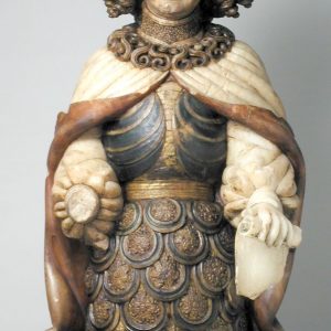 Ángel custodio. Alabastro policromado. Pere Johan. Gótico. Hacia 1435-1445. Inv. 9190.