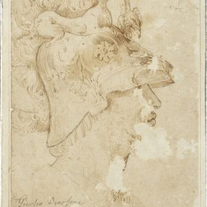 Cabeza de soldado romano. Dibujo pluma sepia sobre papel. Giulio Bonasone. Hacia 1500-1520. Inv. 10973.