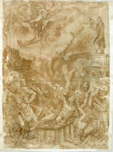 Martirio de San Lorenzo. Pluma y aguada sobre papel. Renacimiento. Último cuarto siglo XVI. Inv. 10607. Depósito Real Academia de San Luis.