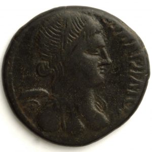 As de la Colonia Victrix Iulia Lepida (Velilla de Ebro, Zaragoza), anverso. Bronce. Roma. 44-40.a.E. Inv. 54248.
