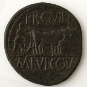 As de la Colonia Victrix Iulia Lepida (Velilla de Ebro, Zaragoza), reverso. Bronce. Roma. 44-40.a.E. Inv. 54248.