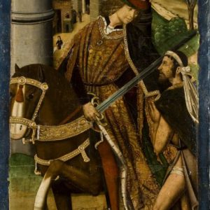 San Martín partiendo su capa con un pobre. Óleo sobre tabla. Miguel Jimenez. Gótico. Hacia 1489-1499. Inv. 10034.