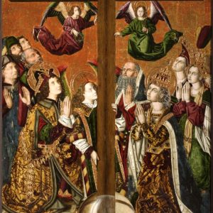 Adoración de la Santa Cruz. Retablo de la Santa Cruz. Óleo sobre tabla. Miguel Jiménez y Martín Bernalt. Gótico Hispanoflamenco. Hacia 1481-1487. Iglesia de Blesa. Teruel. Inv. 10025.