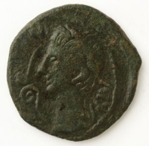 As de la Colonia Caesar Augusta (Zaragoza). Anverso. Bronce. Augusto, Roma. Año 8. Inv. 54250.