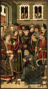 Interrogación del judío. Retablo de la Santa Cruz. Óleo sobre tabla. Miguel Jiménez y Martín Bernat. Gótico Hispanoflamenco. Hacia 1481-1487. Iglesia de Blesa. Teruel. Inv. 10022.
