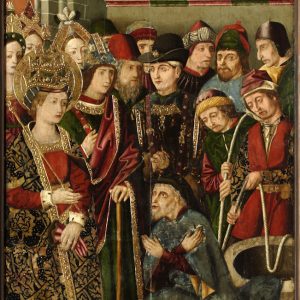 Interrogación del judío. Retablo de la Santa Cruz. Óleo sobre tabla. Miguel Jiménez y Martín Bernat. Gótico Hispanoflamenco. Hacia 1481-1487. Iglesia de Blesa. Teruel. Inv. 10022.