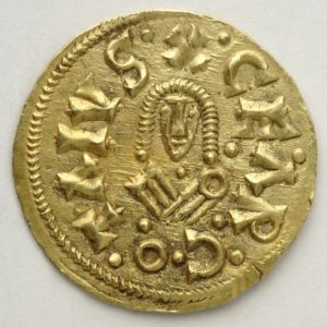 Tremissis de Sisebuto. Cesaracosta (Zaragoza), reverso. Oro. Reino visigodo de Toledo, 612-621. Inv. 54254.