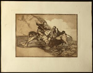 La tauromaquia. Modo con que los antiguos españoles cazaban los toros a caballo en el campo. Estampa. Francisco de Goya y Lucientes. 5ª edición, de 1921. Inv. 15428. Depósito de la Real Academia de NN. y BB. AA. de San Luis