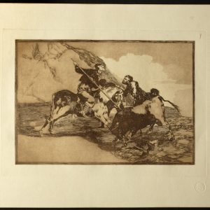La tauromaquia. Modo con que los antiguos españoles cazaban los toros a caballo en el campo. Estampa. Francisco de Goya y Lucientes. 5ª edición, de 1921. Inv. 15428. Depósito de la Real Academia de NN. y BB. AA. de San Luis