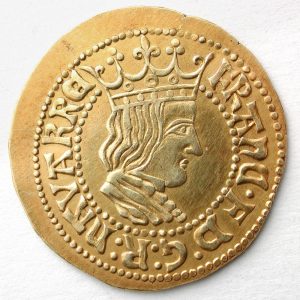 Ducado de Francisco Febo, anverso. Pamplona. Oro. Reino de Navarra. 1479-1483. Inv. 08738.