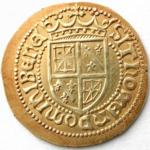 Ducado de Francisco Febo, reverso. Pamplona. Oro. Reino de Navarra. 1479-1483. Inv. 08738.