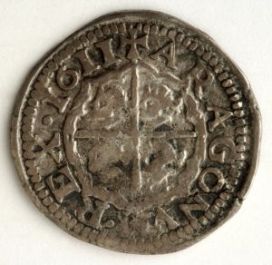 Real de Felipe II de Aragón y III de España, reverso. Plata. Zaragoza, 1611. Inv. 54258.