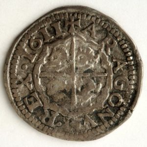 Real de Felipe II de Aragón y III de España, reverso. Plata. Zaragoza, 1611. Inv. 54258.