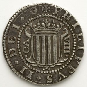 Real de a ocho de Felipe II de Aragón y III de España, anverso. Plata. Zaragoza. 1611. Inv. 54256.