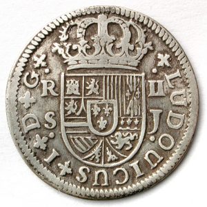 Real de a dos de Luis I, anverso. Plata. Sevilla 1724. Inv. 08830.