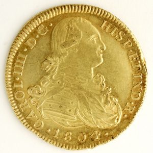 Ocho escudos de Carlos IV, anverso. Perú. Oro. 1804. Inv. 08547.