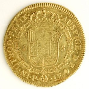 Ocho escudos de Carlos IV, reverso. Perú. Oro. 1804. Inv. 08547.