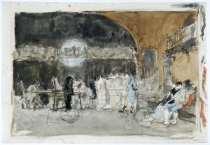 Boceto del cuadro la vicaría. Acuarela sobre papel. Mariano Fortuny. Hacia 1870. Inv. 15242.