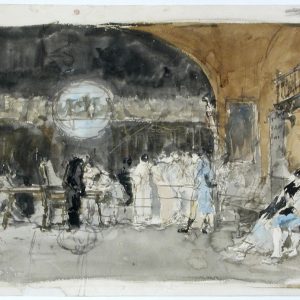 Boceto del cuadro la vicaría. Acuarela sobre papel. Mariano Fortuny. Hacia 1870. Inv. 15242.