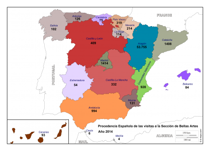 Procedencia visitantes españoles a Sede Central. (Mapa de http://www.d-maps.com/)