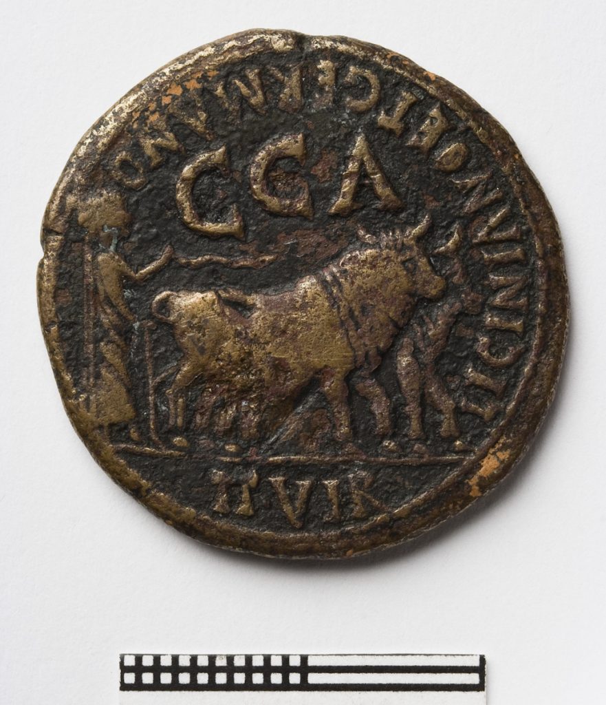 Moneda - As. Bronce. Acuñación de Calígula. 37-41. Ceca de Caesar Augusta (Zaragoza). Inv. 08209.