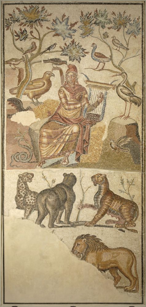Mosaico de Orfeo. Mármol, piedra caliza y vidrio. 190-220. Colonia Caesar Augusta (Zaragoza). Inv. 07588.