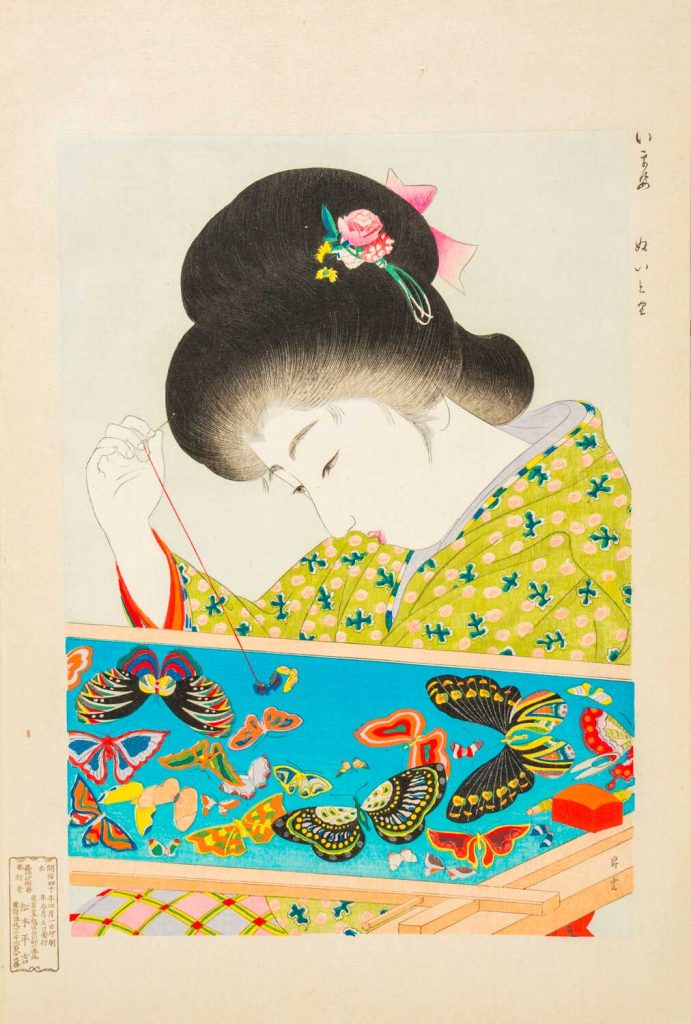 Estampa Nuitori de la serie Modas de hoy en día. Yamamoto Shoūn. Escuela Ukiyo-e. Estampa xilográfica nishiki-e.