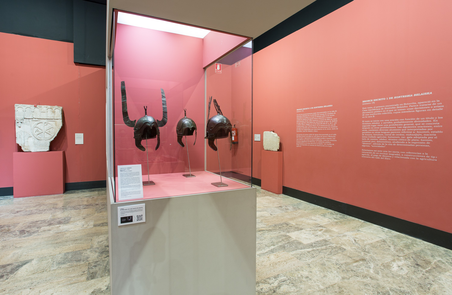 Vitrina cascos de guerrero de Aratis. Foto: J.Garrido. Museo de Zaragoza